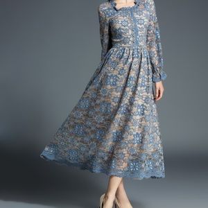 Blue Floral-Lace Button-Front Midi Dress - Women